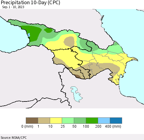 Azerbaijan, Armenia and Georgia Precipitation 10-Day (CPC) Thematic Map For 9/1/2023 - 9/10/2023