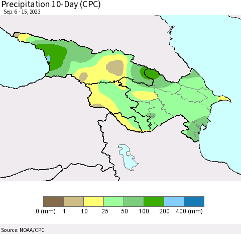 Azerbaijan, Armenia and Georgia Precipitation 10-Day (CPC) Thematic Map For 9/6/2023 - 9/15/2023