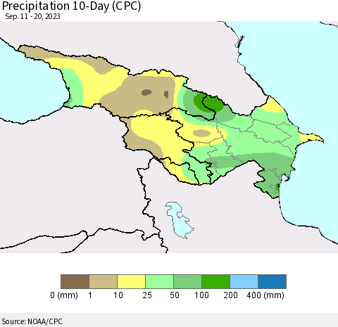 Azerbaijan, Armenia and Georgia Precipitation 10-Day (CPC) Thematic Map For 9/11/2023 - 9/20/2023