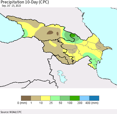 Azerbaijan, Armenia and Georgia Precipitation 10-Day (CPC) Thematic Map For 9/16/2023 - 9/25/2023