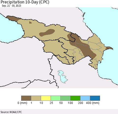 Azerbaijan, Armenia and Georgia Precipitation 10-Day (CPC) Thematic Map For 9/21/2023 - 9/30/2023
