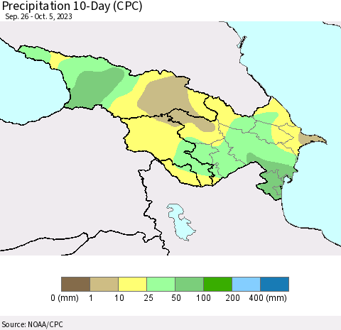 Azerbaijan, Armenia and Georgia Precipitation 10-Day (CPC) Thematic Map For 9/26/2023 - 10/5/2023