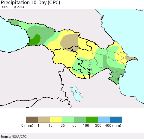 Azerbaijan, Armenia and Georgia Precipitation 10-Day (CPC) Thematic Map For 10/1/2023 - 10/10/2023