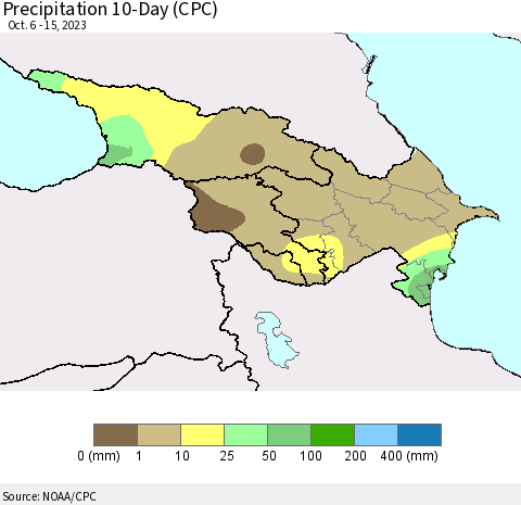 Azerbaijan, Armenia and Georgia Precipitation 10-Day (CPC) Thematic Map For 10/6/2023 - 10/15/2023