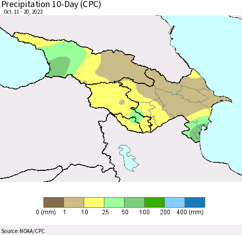 Azerbaijan, Armenia and Georgia Precipitation 10-Day (CPC) Thematic Map For 10/11/2023 - 10/20/2023