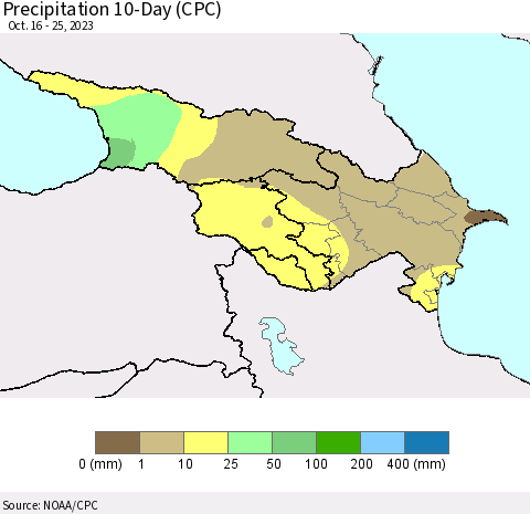 Azerbaijan, Armenia and Georgia Precipitation 10-Day (CPC) Thematic Map For 10/16/2023 - 10/25/2023