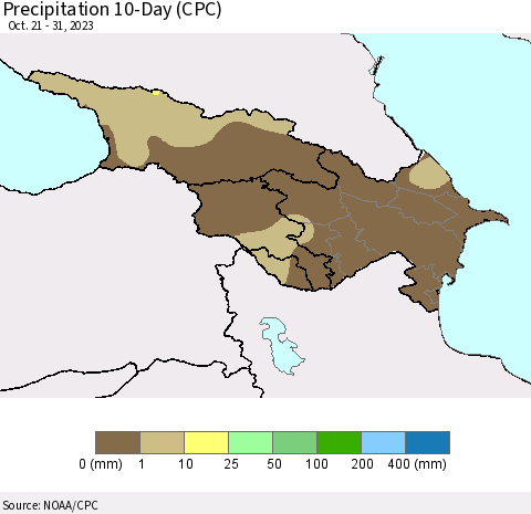 Azerbaijan, Armenia and Georgia Precipitation 10-Day (CPC) Thematic Map For 10/21/2023 - 10/31/2023