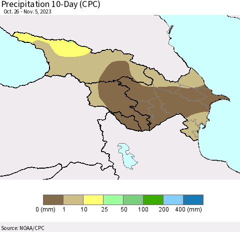 Azerbaijan, Armenia and Georgia Precipitation 10-Day (CPC) Thematic Map For 10/26/2023 - 11/5/2023