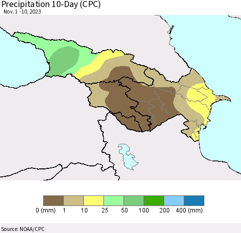 Azerbaijan, Armenia and Georgia Precipitation 10-Day (CPC) Thematic Map For 11/1/2023 - 11/10/2023