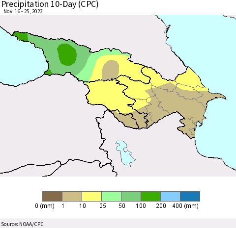 Azerbaijan, Armenia and Georgia Precipitation 10-Day (CPC) Thematic Map For 11/16/2023 - 11/25/2023