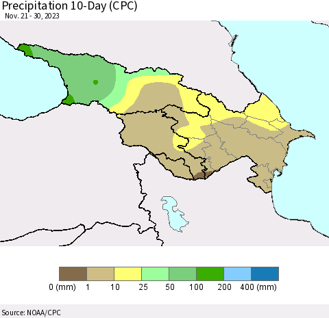 Azerbaijan, Armenia and Georgia Precipitation 10-Day (CPC) Thematic Map For 11/21/2023 - 11/30/2023