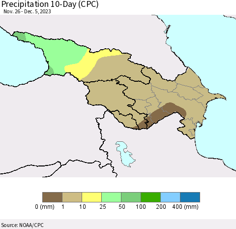 Azerbaijan, Armenia and Georgia Precipitation 10-Day (CPC) Thematic Map For 11/26/2023 - 12/5/2023