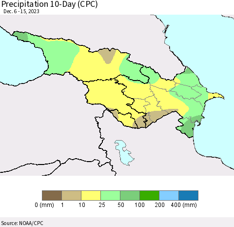 Azerbaijan, Armenia and Georgia Precipitation 10-Day (CPC) Thematic Map For 12/6/2023 - 12/15/2023