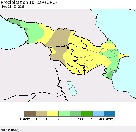 Azerbaijan, Armenia and Georgia Precipitation 10-Day (CPC) Thematic Map For 12/11/2023 - 12/20/2023