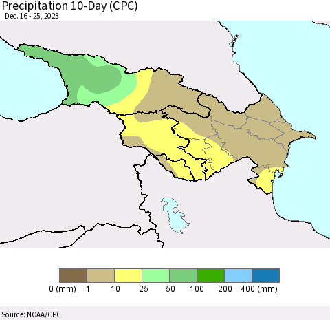 Azerbaijan, Armenia and Georgia Precipitation 10-Day (CPC) Thematic Map For 12/16/2023 - 12/25/2023