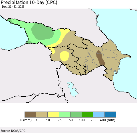 Azerbaijan, Armenia and Georgia Precipitation 10-Day (CPC) Thematic Map For 12/21/2023 - 12/31/2023