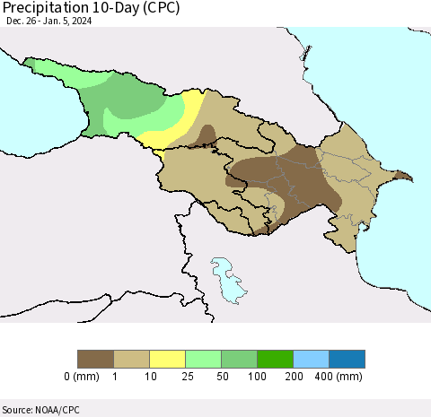 Azerbaijan, Armenia and Georgia Precipitation 10-Day (CPC) Thematic Map For 12/26/2023 - 1/5/2024