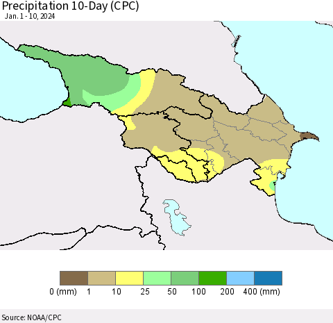 Azerbaijan, Armenia and Georgia Precipitation 10-Day (CPC) Thematic Map For 1/1/2024 - 1/10/2024