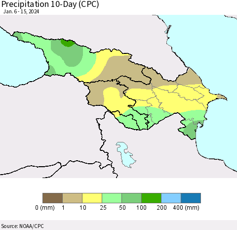 Azerbaijan, Armenia and Georgia Precipitation 10-Day (CPC) Thematic Map For 1/6/2024 - 1/15/2024