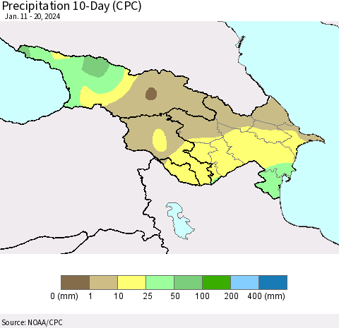 Azerbaijan, Armenia and Georgia Precipitation 10-Day (CPC) Thematic Map For 1/11/2024 - 1/20/2024