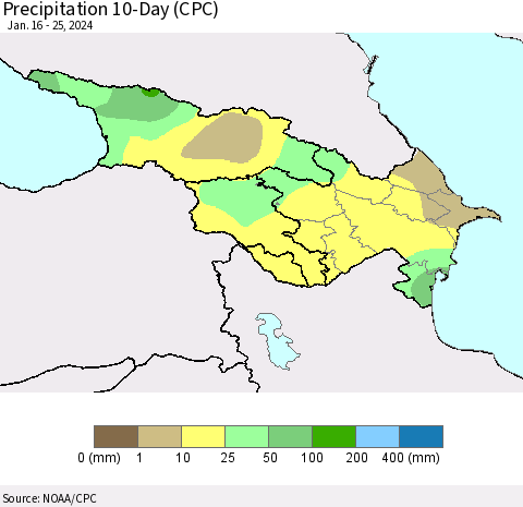 Azerbaijan, Armenia and Georgia Precipitation 10-Day (CPC) Thematic Map For 1/16/2024 - 1/25/2024