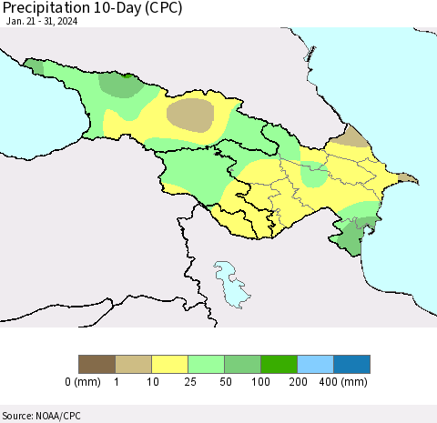Azerbaijan, Armenia and Georgia Precipitation 10-Day (CPC) Thematic Map For 1/21/2024 - 1/31/2024