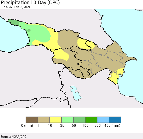Azerbaijan, Armenia and Georgia Precipitation 10-Day (CPC) Thematic Map For 1/26/2024 - 2/5/2024