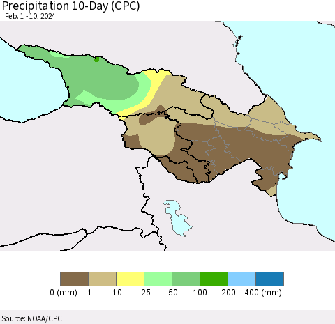 Azerbaijan, Armenia and Georgia Precipitation 10-Day (CPC) Thematic Map For 2/1/2024 - 2/10/2024