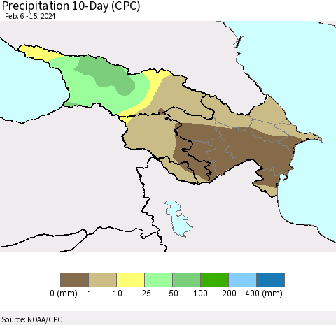 Azerbaijan, Armenia and Georgia Precipitation 10-Day (CPC) Thematic Map For 2/6/2024 - 2/15/2024