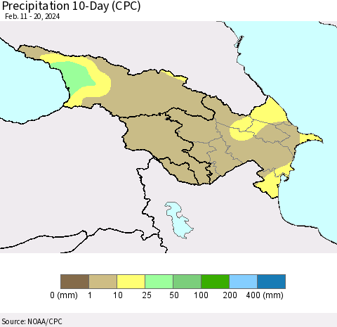 Azerbaijan, Armenia and Georgia Precipitation 10-Day (CPC) Thematic Map For 2/11/2024 - 2/20/2024