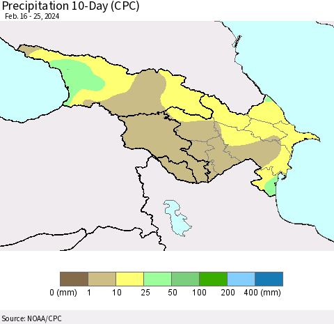 Azerbaijan, Armenia and Georgia Precipitation 10-Day (CPC) Thematic Map For 2/16/2024 - 2/25/2024