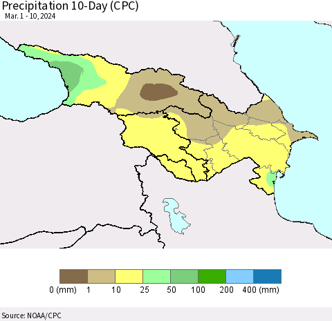 Azerbaijan, Armenia and Georgia Precipitation 10-Day (CPC) Thematic Map For 3/1/2024 - 3/10/2024