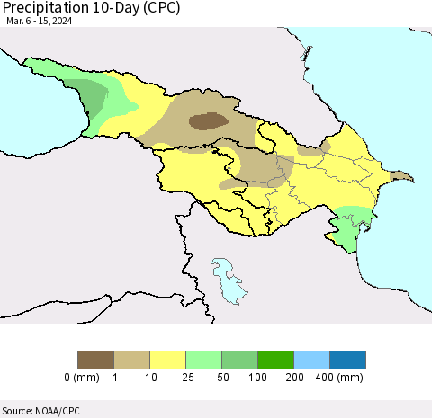 Azerbaijan, Armenia and Georgia Precipitation 10-Day (CPC) Thematic Map For 3/6/2024 - 3/15/2024