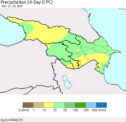 Azerbaijan, Armenia and Georgia Precipitation 10-Day (CPC) Thematic Map For 3/11/2024 - 3/20/2024