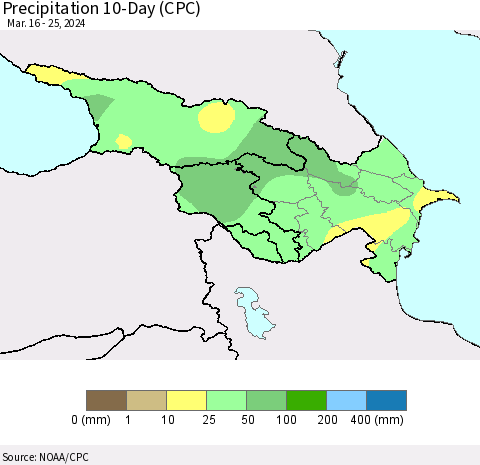 Azerbaijan, Armenia and Georgia Precipitation 10-Day (CPC) Thematic Map For 3/16/2024 - 3/25/2024