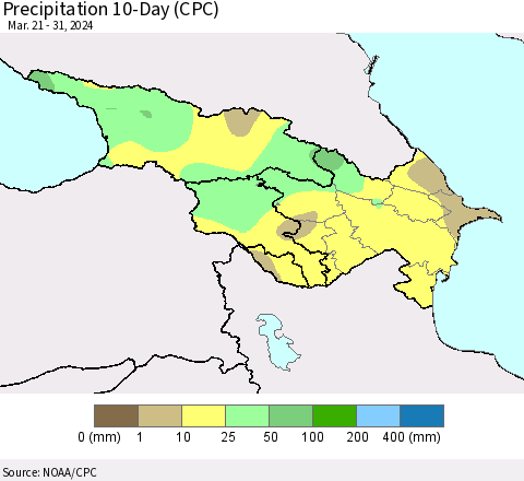 Azerbaijan, Armenia and Georgia Precipitation 10-Day (CPC) Thematic Map For 3/21/2024 - 3/31/2024