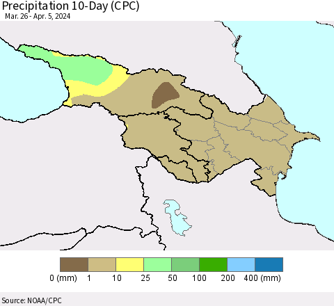 Azerbaijan, Armenia and Georgia Precipitation 10-Day (CPC) Thematic Map For 3/26/2024 - 4/5/2024