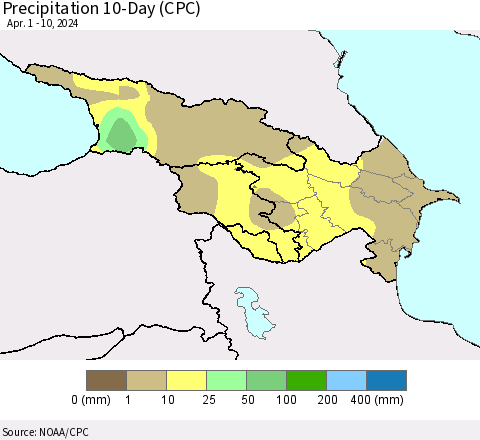 Azerbaijan, Armenia and Georgia Precipitation 10-Day (CPC) Thematic Map For 4/1/2024 - 4/10/2024