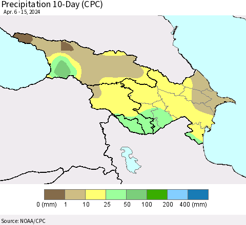Azerbaijan, Armenia and Georgia Precipitation 10-Day (CPC) Thematic Map For 4/6/2024 - 4/15/2024