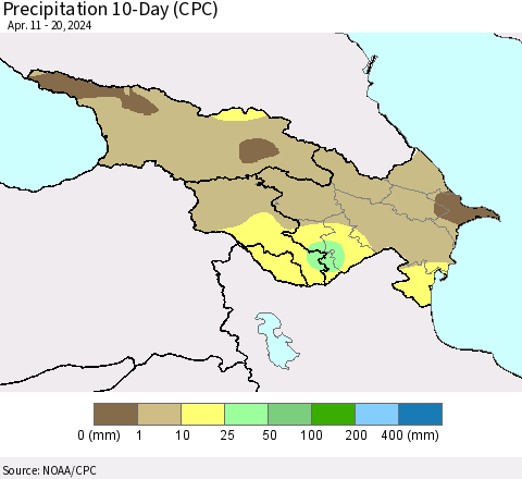 Azerbaijan, Armenia and Georgia Precipitation 10-Day (CPC) Thematic Map For 4/11/2024 - 4/20/2024