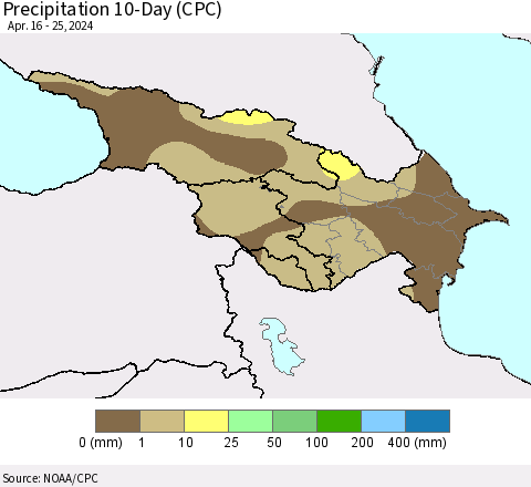 Azerbaijan, Armenia and Georgia Precipitation 10-Day (CPC) Thematic Map For 4/16/2024 - 4/25/2024