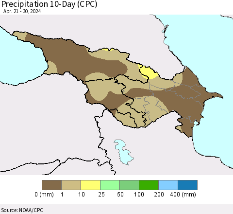Azerbaijan, Armenia and Georgia Precipitation 10-Day (CPC) Thematic Map For 4/21/2024 - 4/30/2024