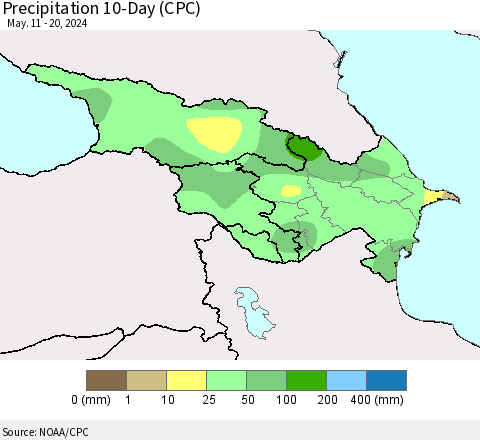 Azerbaijan, Armenia and Georgia Precipitation 10-Day (CPC) Thematic Map For 5/11/2024 - 5/20/2024
