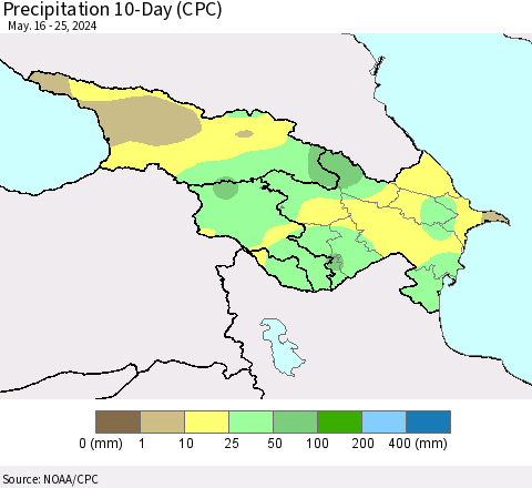 Azerbaijan, Armenia and Georgia Precipitation 10-Day (CPC) Thematic Map For 5/16/2024 - 5/25/2024