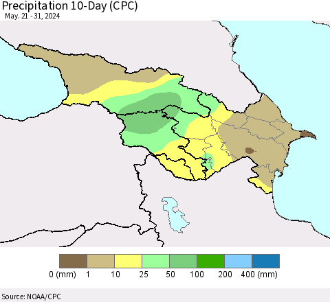 Azerbaijan, Armenia and Georgia Precipitation 10-Day (CPC) Thematic Map For 5/21/2024 - 5/31/2024