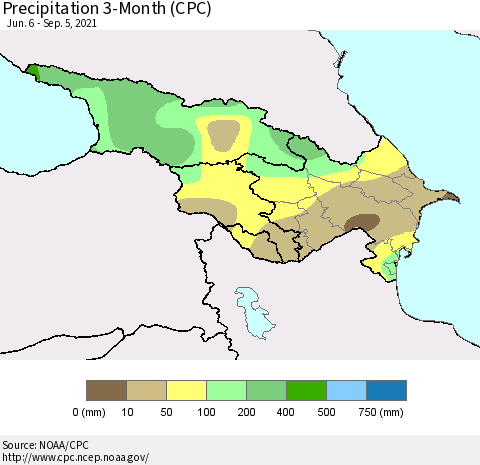 Azerbaijan, Armenia and Georgia Precipitation 3-Month (CPC) Thematic Map For 6/6/2021 - 9/5/2021