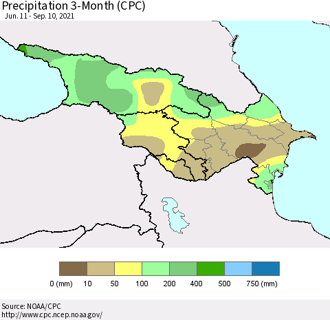 Azerbaijan, Armenia and Georgia Precipitation 3-Month (CPC) Thematic Map For 6/11/2021 - 9/10/2021