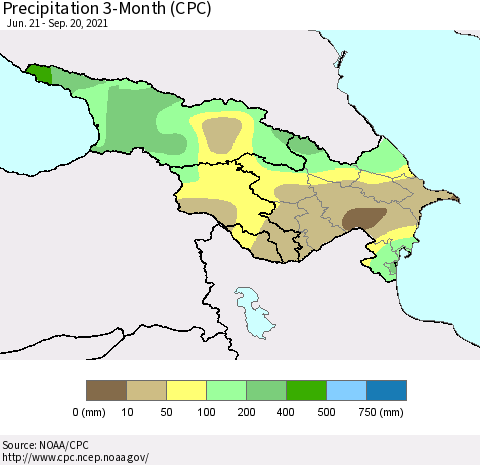 Azerbaijan, Armenia and Georgia Precipitation 3-Month (CPC) Thematic Map For 6/21/2021 - 9/20/2021