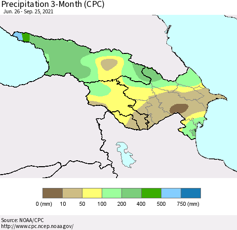 Azerbaijan, Armenia and Georgia Precipitation 3-Month (CPC) Thematic Map For 6/26/2021 - 9/25/2021
