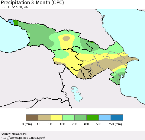 Azerbaijan, Armenia and Georgia Precipitation 3-Month (CPC) Thematic Map For 7/1/2021 - 9/30/2021